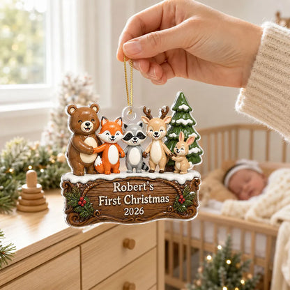 Personalized Acrylic Ornament, Woodland Animal First Christmas, Unique Creative Gift for New Parents