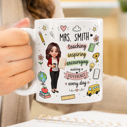 Personalized Ceramic Mug for Teacher, Cute Teacher Illustration & School Icons, Unique Back-to-School Gift