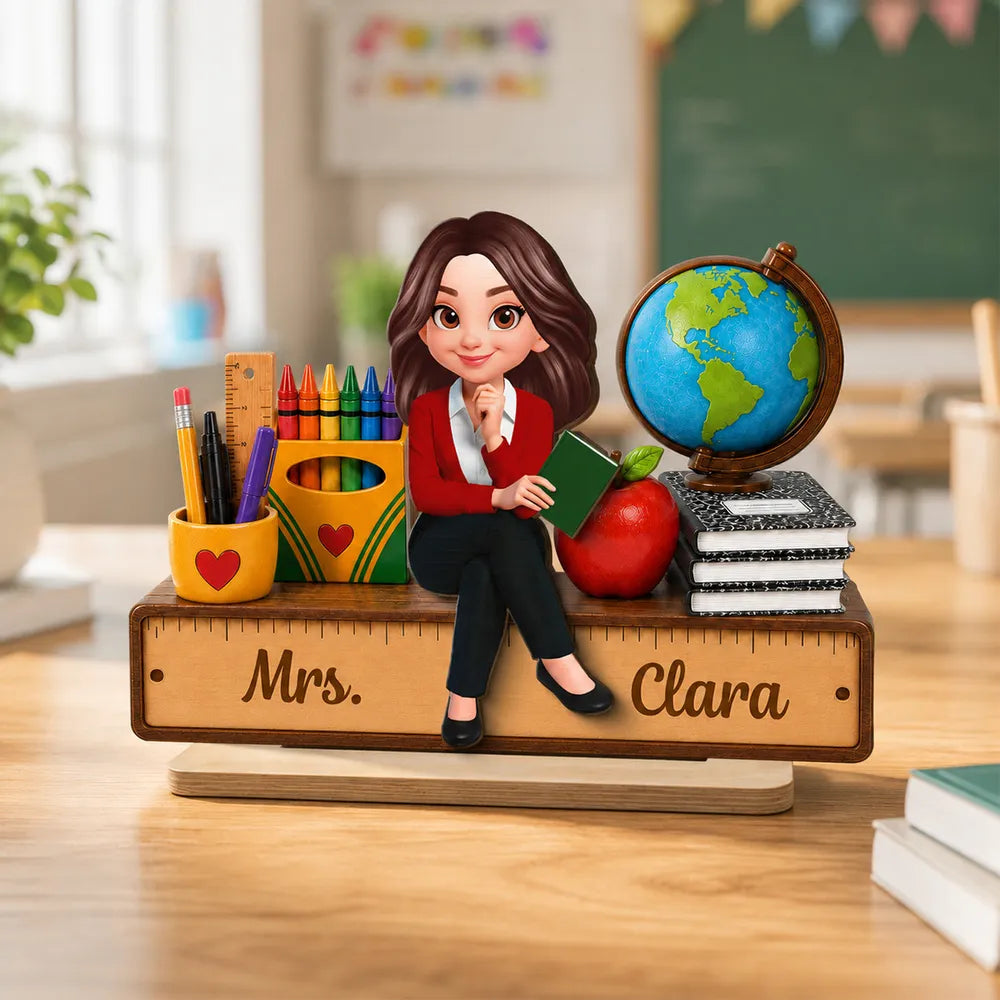 Teacher Wooden Plaque With Apple, Globe & Crayons, Personalized Creative Gift For Classroom Decor
