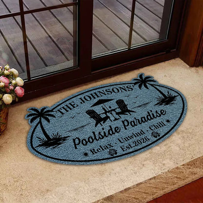 Tropical Personalized Shaped Doormat with Poolside Chairs, Unique Family Gift for Backyard Entry