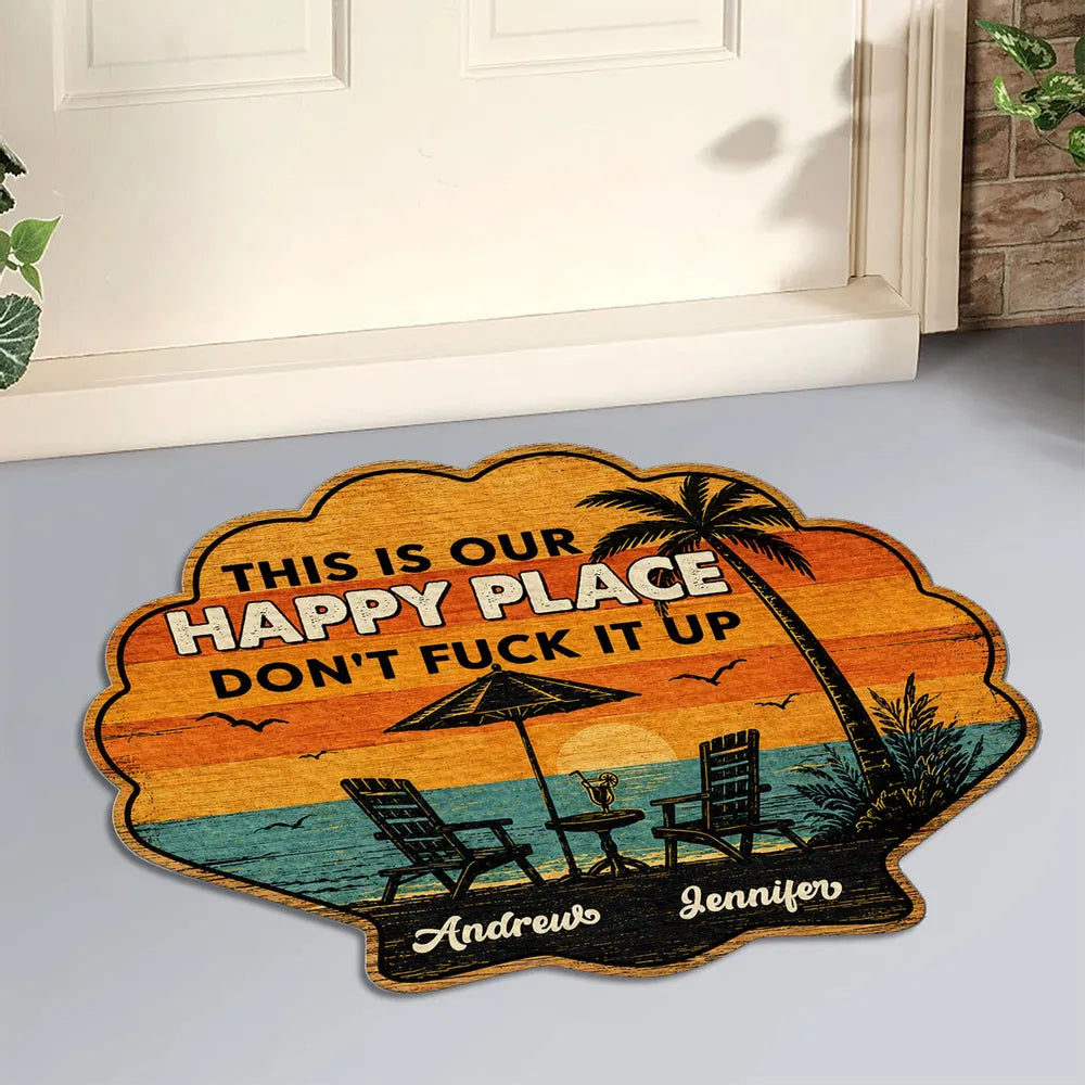 Personalized Shaped Doormat, Tropical Sunset Happy Place, Unique Creative Gift for Couples