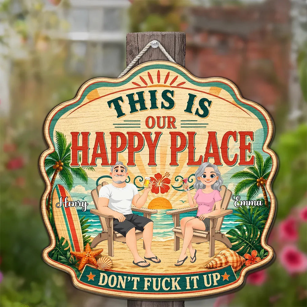Personalized Wooden Sign With Tropical Happy Place Beach Lounge Scene, Unique Creative Gift for Couple