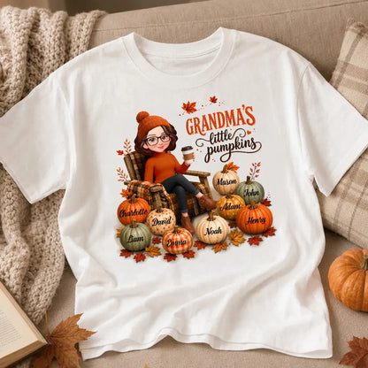 Personalized Classic Tee, Seated Grandma Holding Coffee with Pumpkins, Unique Gift for Grandma