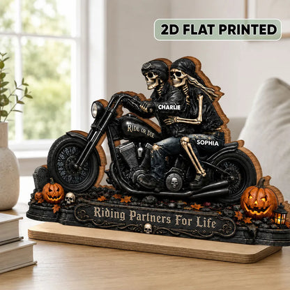 2-Layer Wooden Plaque, Personalized Skeleton Biker Couple Halloween Decor, Unique Gift for Couples