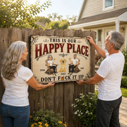 Personalized Rectangular Iron Sign With Seated Couple & Dog, Vintage Happy Place Unique Gift