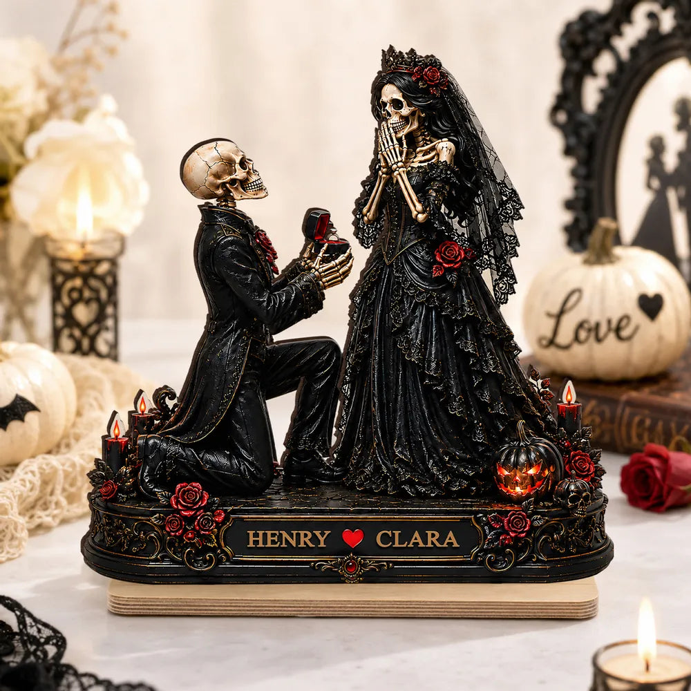 Personalized 2-Layer Wooden Plaque, Skeleton Proposal Halloween Decor, Unique Gift for Couple