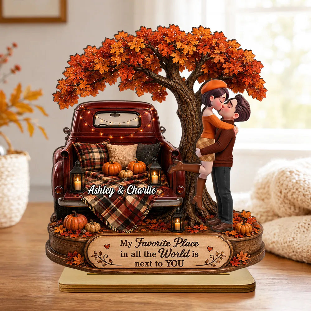 Personalized 2-Layer Wooden Plaque, Kissing Couple by Vintage Truck in Autumn, Unique Gift for Partner