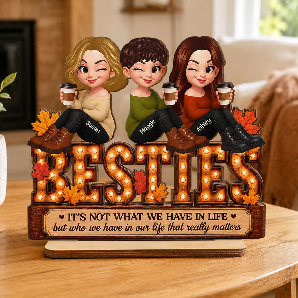 Personalized 2-Layer Wooden Plaque, Fall Besties Cartoon Coffee Scene, Unique Gift for Sister or Friend