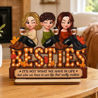 Personalized 2-Layer Wooden Plaque, Fall Besties Cartoon Coffee Scene, Unique Gift for Sister or Friend