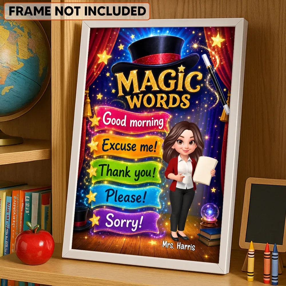 Personalized Magic Words Canvas, Standing Cartoon Teacher, Unique Gift for Classroom Decor