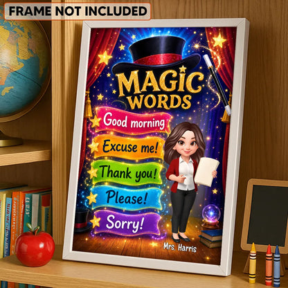 Personalized Magic Words Canvas, Standing Cartoon Teacher, Unique Gift for Classroom Decor
