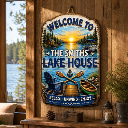 Personalized Wooden Sign for Lake House, Sunset Dock & Boat Scene, Unique Gift for Family