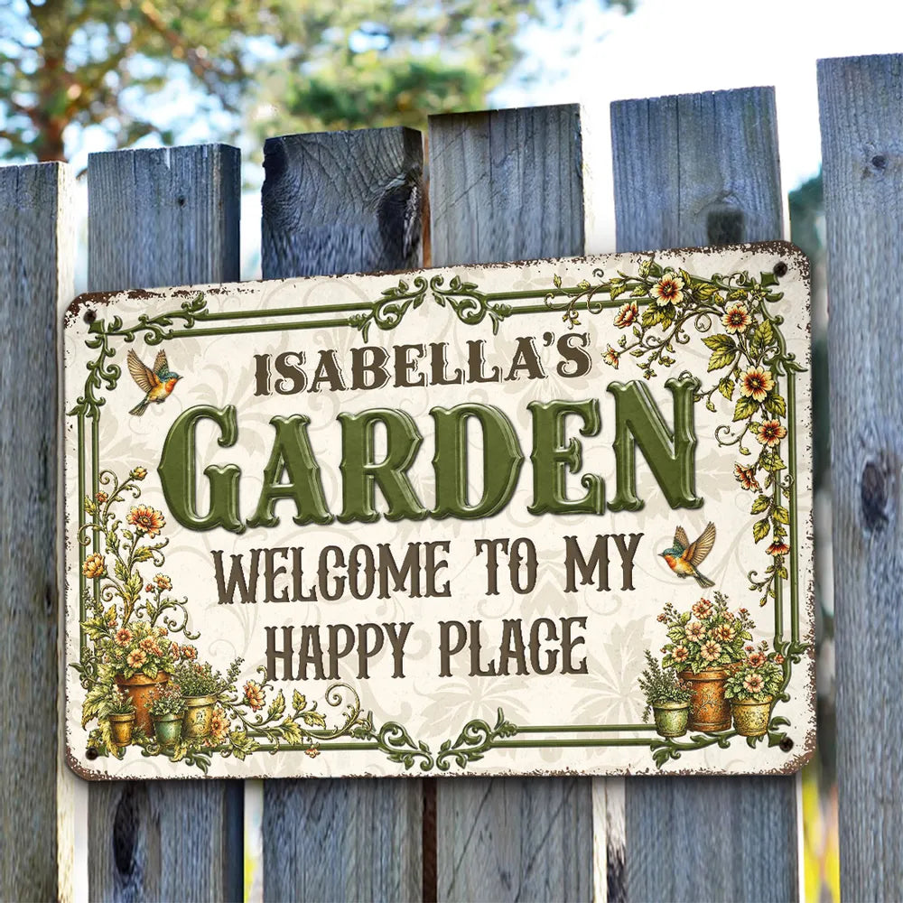 Personalized Rectangular Iron Sign, Vintage Garden Welcome Decor with Hummingbirds, Unique Gift for Garden Lover