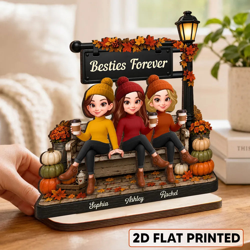 Personalized 2-Layer Wooden Plaque, Fall Lamp Post Friends Scene, Unique Gift For Besties