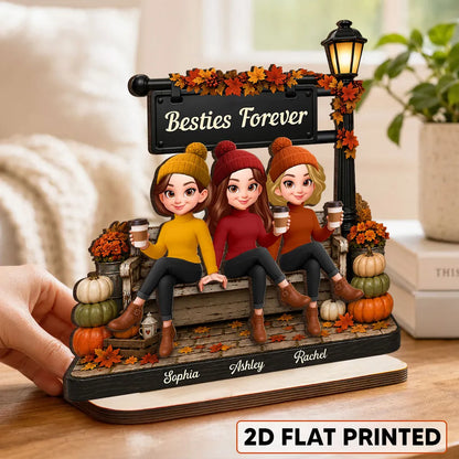 Personalized 2-Layer Wooden Plaque, Fall Lamp Post Friends Scene, Unique Gift For Besties