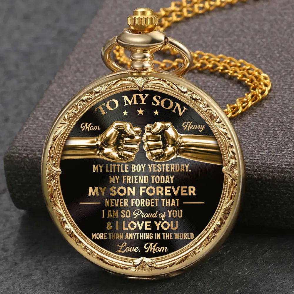 Personalized Pocket Watch with Father Son Fist Bump, Black and Gold Unique Gift from Dad