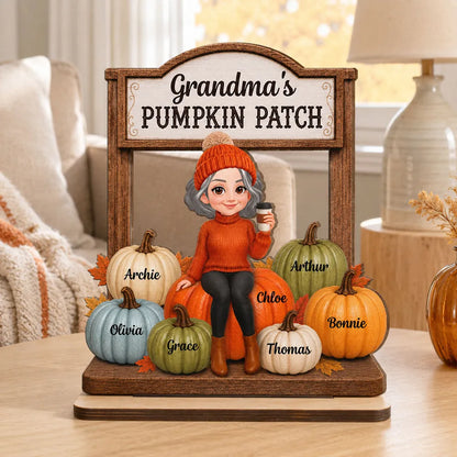 Personalized Grandma's Pumpkin Patch Wooden Plaque, Cartoon Grandma With Coffee, Unique Gift for Grandma