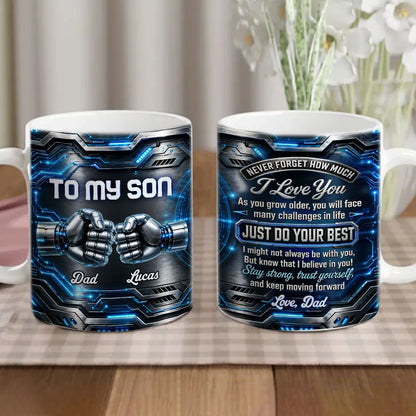 Personalized Mug with Futuristic Robot Fist Bump, Stay Strong Quote, Unique Gift for Son