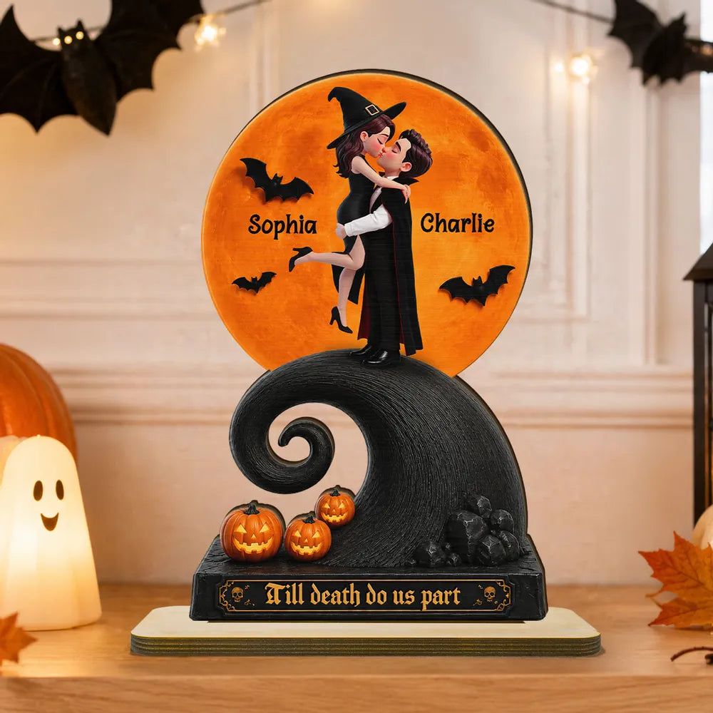 Personalized 2-Layer Wooden Plaque, Halloween Moon Couple Kiss, Unique Creative Gift for Couple
