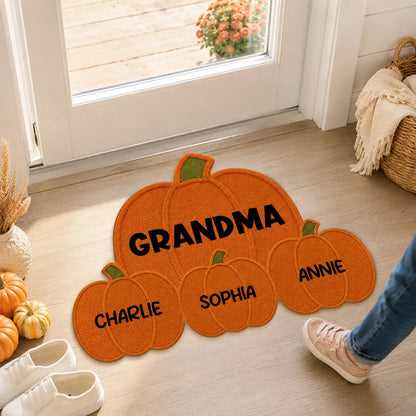 Personalized Pumpkin Shaped Doormat for Grandma, Unique Fall Entryway Gift with Little Pumpkins