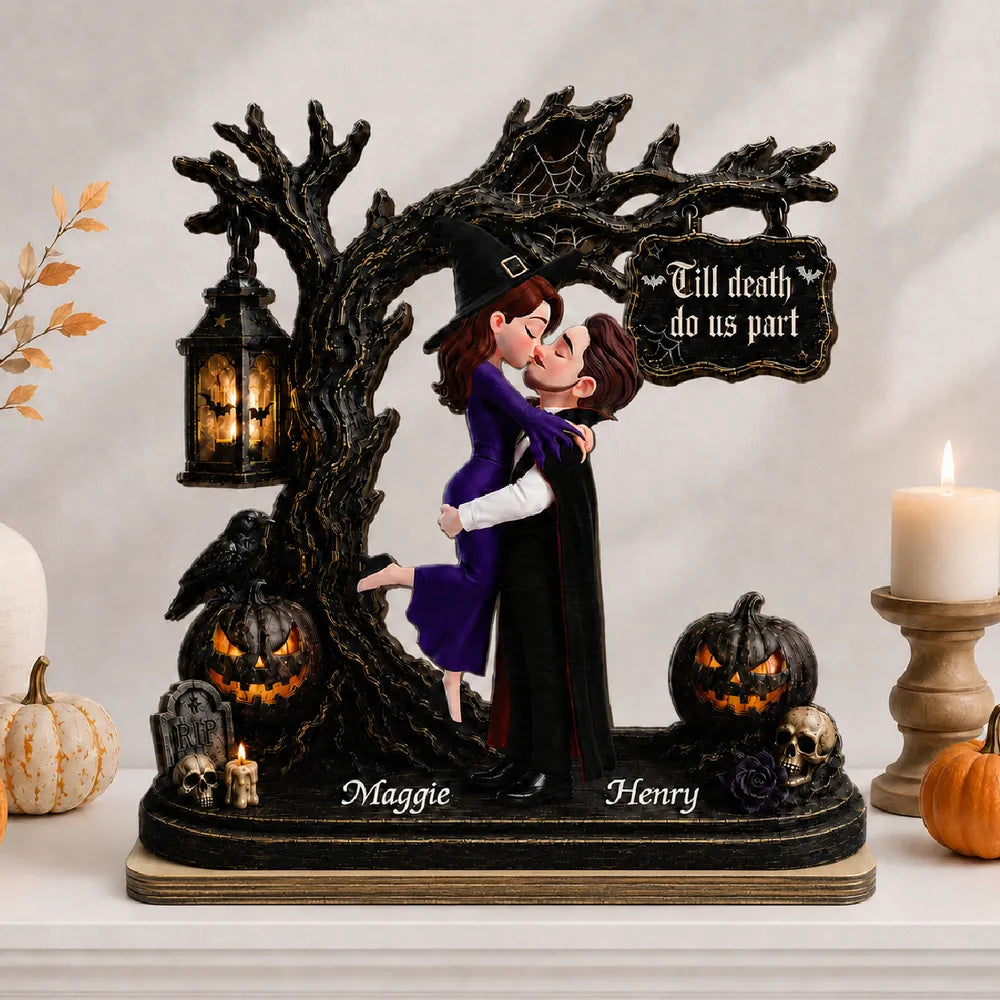 Personalized 2-Layer Wooden Plaque, Spooky Couple Hugging Under Halloween Tree, Unique Gift for Couples