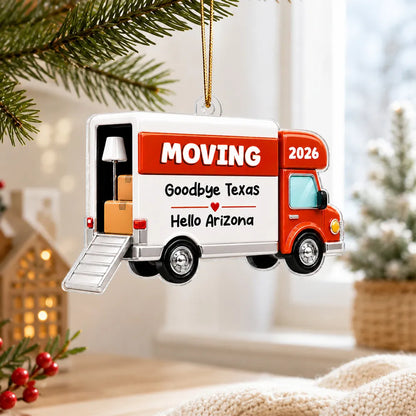 Personalized Acrylic Ornament, Red Moving Van Hanging Tree Decor, Unique New Home Gift for Family