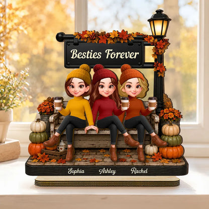 Personalized 2-Layer Wooden Plaque, Fall Lamp Post Friends Scene, Unique Gift For Besties