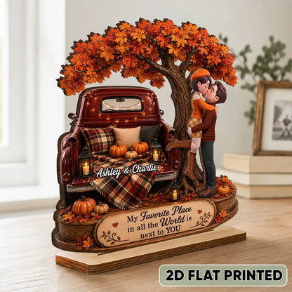Personalized 2-Layer Wooden Plaque, Kissing Couple by Vintage Truck in Autumn, Unique Gift for Partner