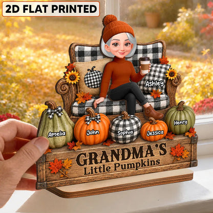 Personalized 2-Layer Wooden Plaque, Seated Grandma & Little Pumpkins Fall Decor, Unique Gift for Grandma