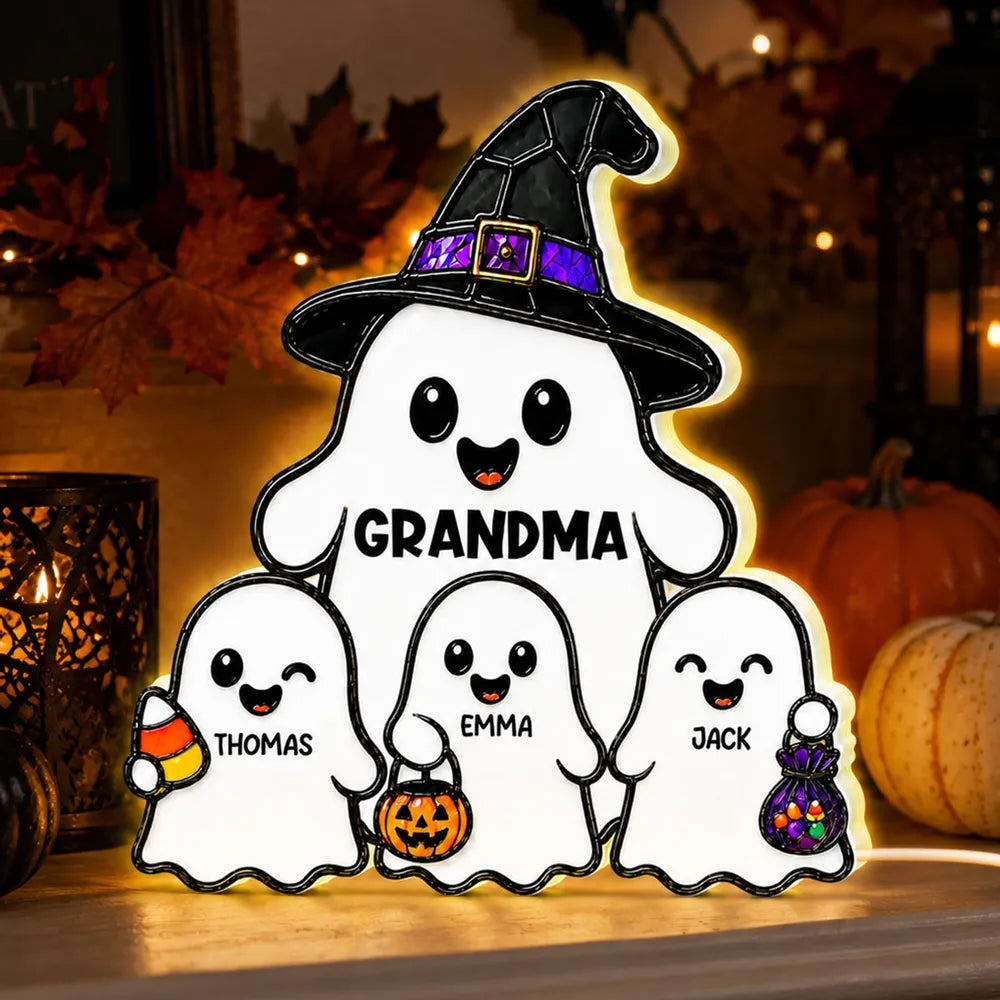 Personalized Acrylic Light Box, Cute Ghost Grandma Halloween Decor, Unique Gift With Warm Glow