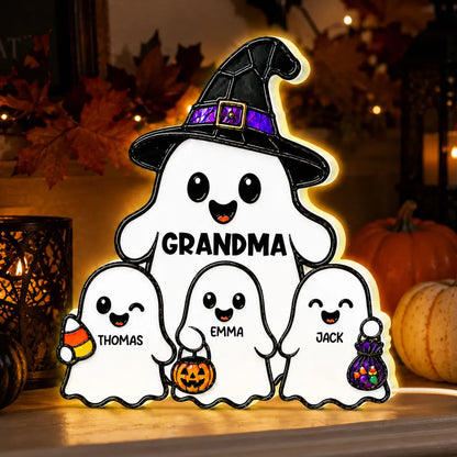 Personalized Acrylic Light Box, Cute Ghost Grandma Halloween Decor, Unique Gift With Warm Glow