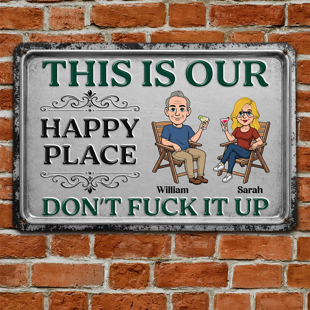 Personalized Rectangular Iron Sign, Seated Couple Our Happy Place, Unique Creative Gift for Couples