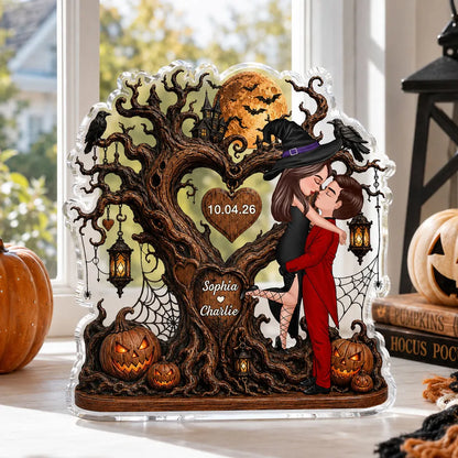 Personalized Acrylic Block Plaque, Halloween Heart Tree Couple Kissing Scene, Unique Creative Gift for Couple