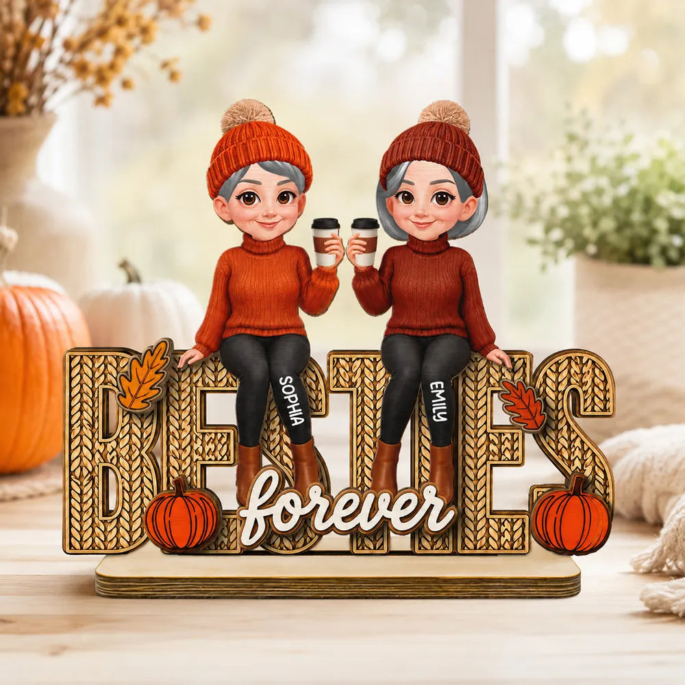 Personalized Wooden Plaque With Cozy Fall Friends Holding Coffee, Creative Gift For Sister & Friend