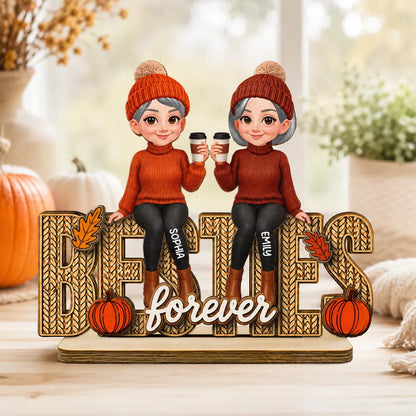 Personalized Wooden Plaque With Cozy Fall Friends Holding Coffee, Creative Gift For Sister & Friend