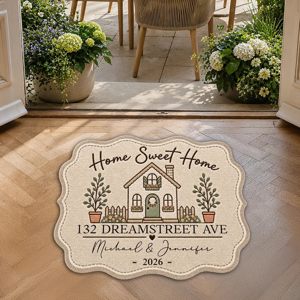 Personalized Shaped Doormat, Home Sweet Home House Illustration, Unique Housewarming Gift