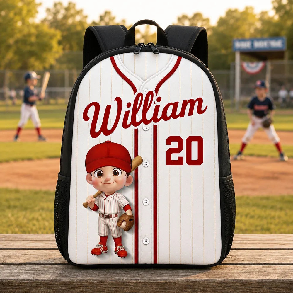 Personalized Kids School Backpack, Baseball Jersey & Bat Design, Unique Gift for Young Players