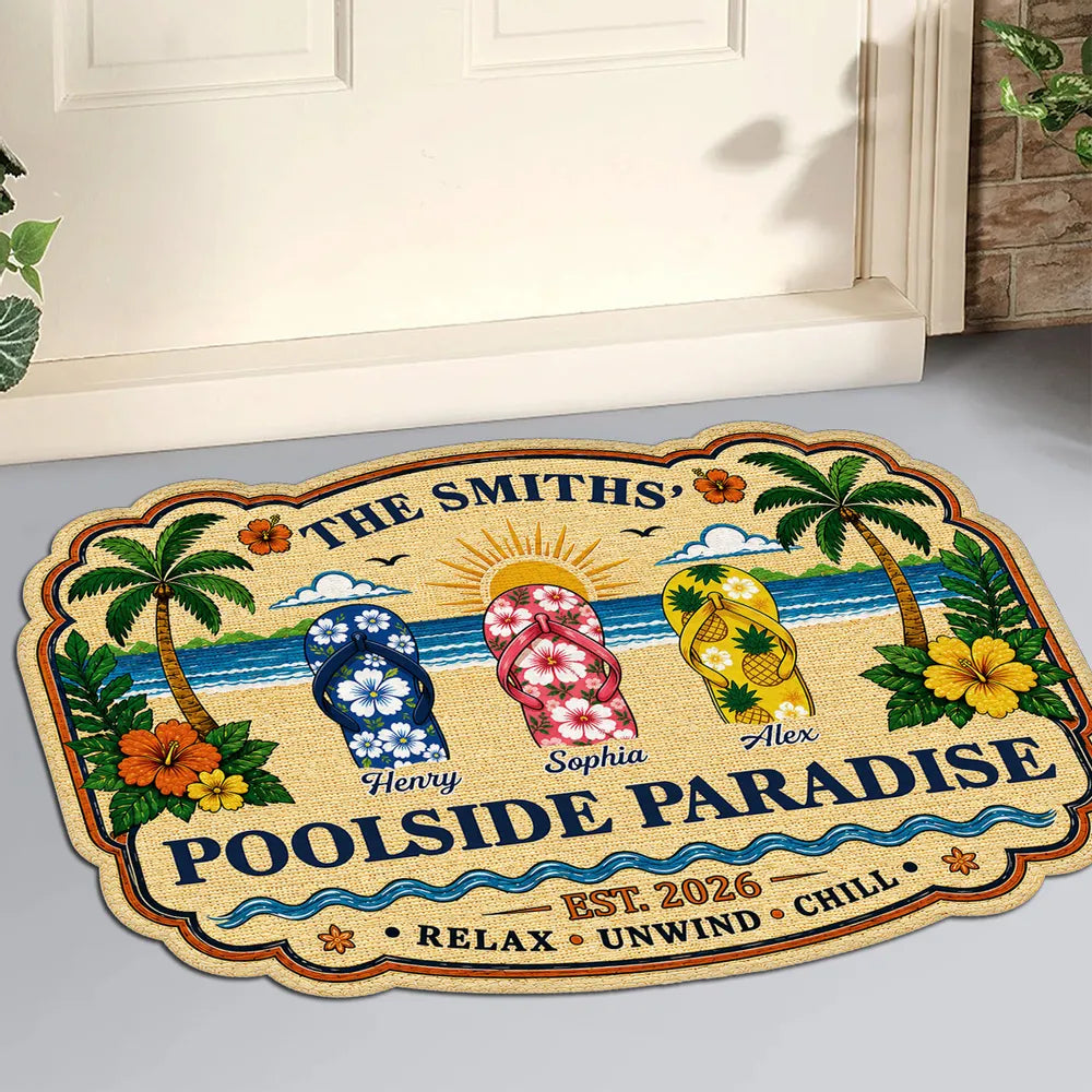 Personalized Shaped Doormat, Poolside Paradise Flip Flops, Tropical Summer House Unique Gift