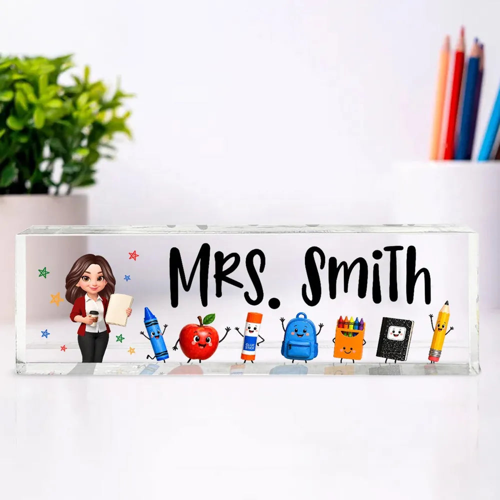 Personalized Rectangle Acrylic Block Plaque, Teacher Holding Coffee, Colorful School Supplies, Unique Teacher Gift