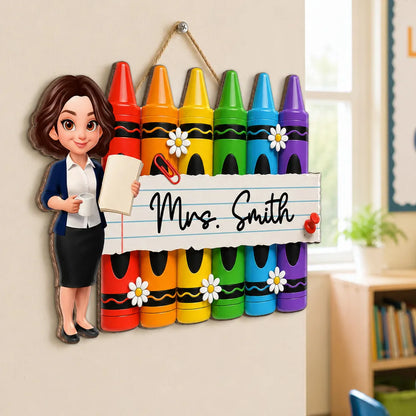 Personalized Wooden Sign, Colorful Crayon Classroom Door Decor, Unique Creative Gift for Teacher