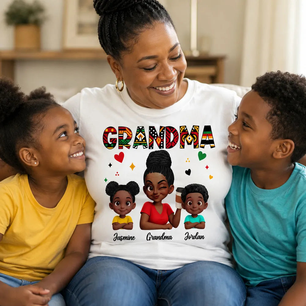 Personalized Classic Tee, Grandma Holding Coffee with Grandkids, Colorful Tribal Pattern, Unique Gift for Grandma