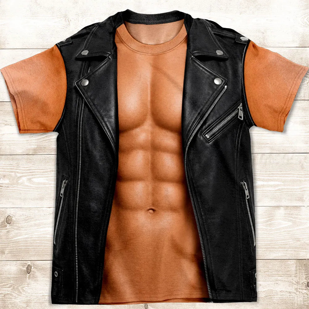 Personalized Printed Classic Tee, Biker Vest & Faux Muscle Graphic, Unique Gift for Motorcyclists