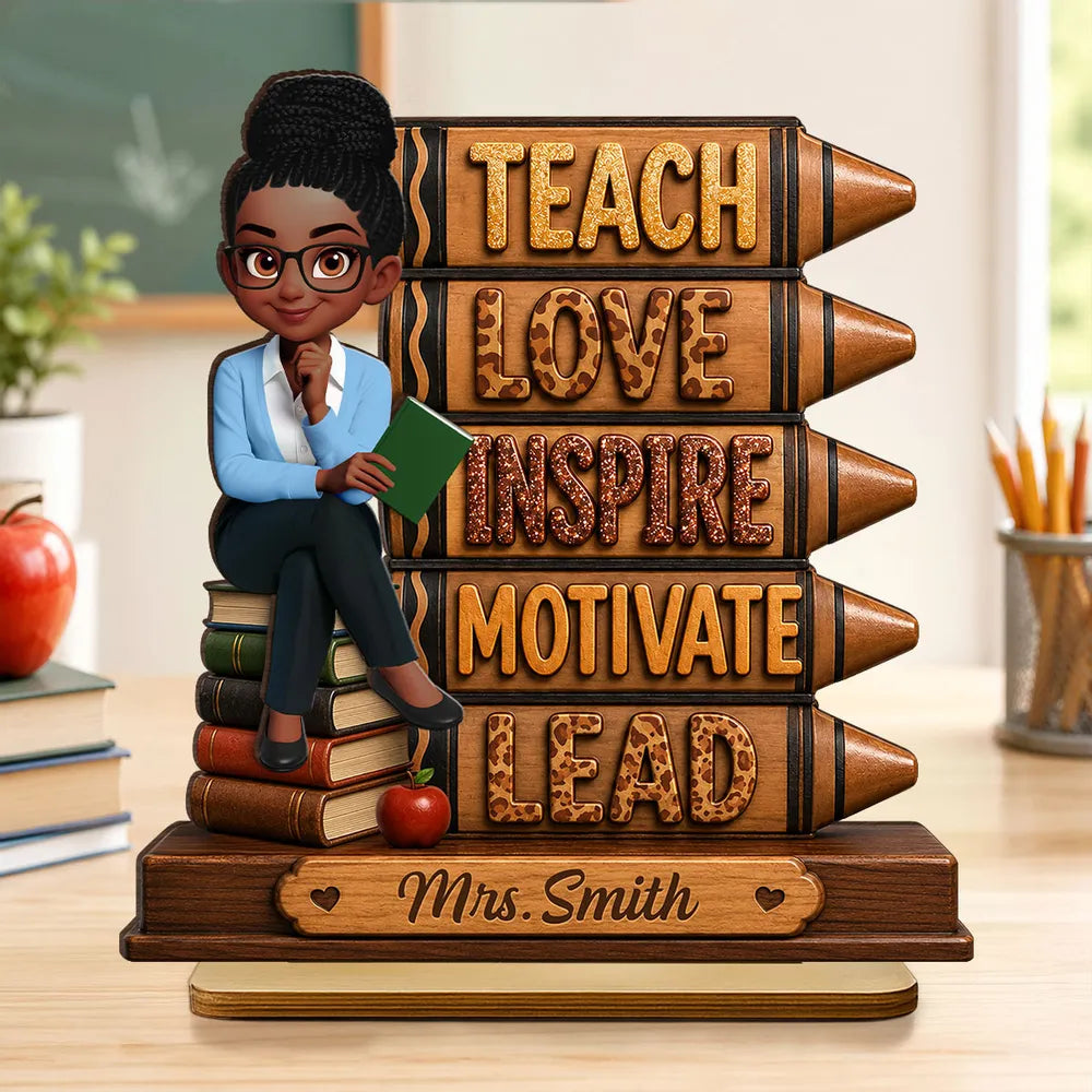 Personalized 2-Layer Wooden Plaque for Teacher, Teach Love Inspire Motivate Lead, Unique Classroom Gift