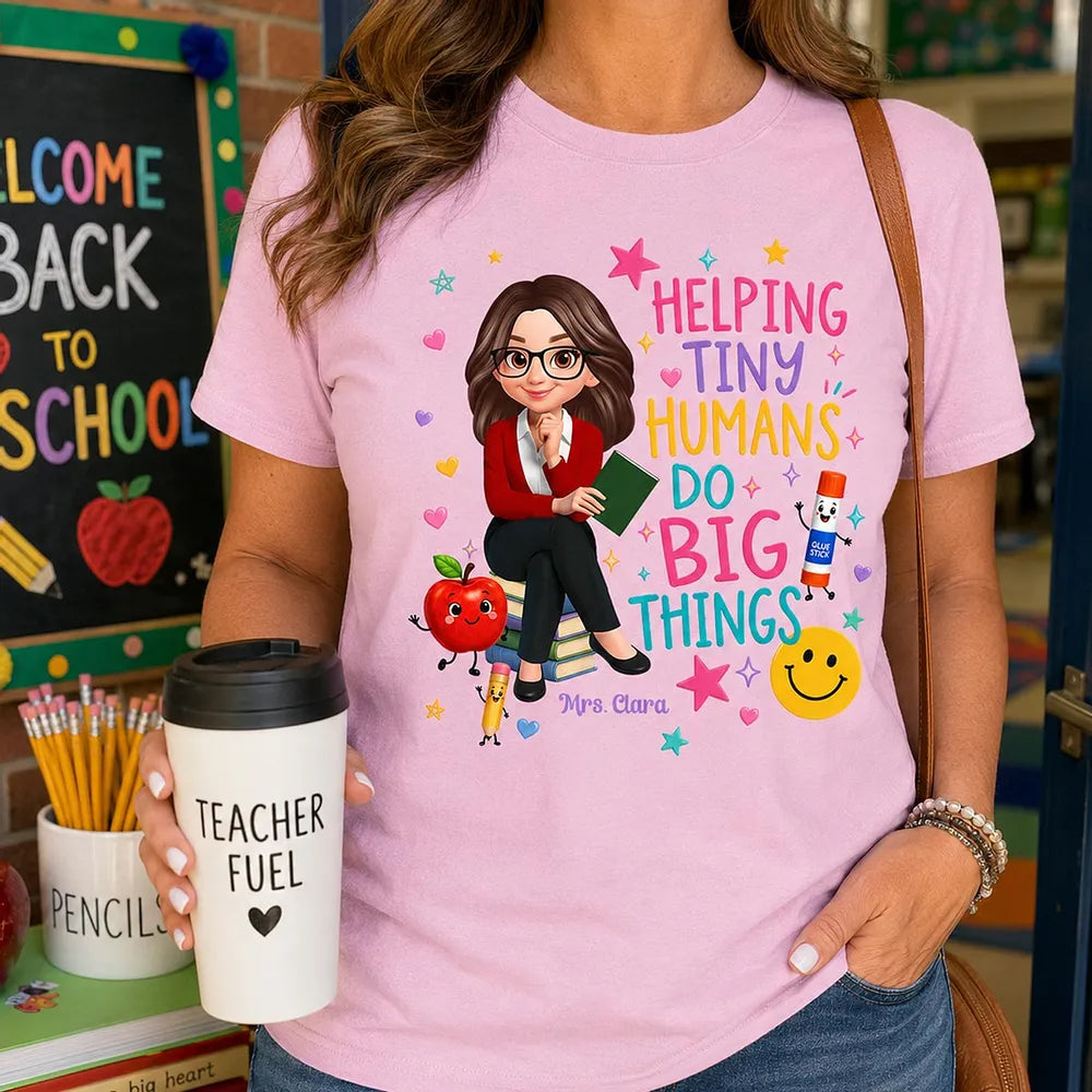 Unique Personalized Classic Tee With Teacher Cartoon & Classroom Art, Creative Gift For Back To School