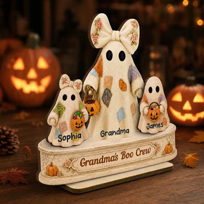 Personalized 2-Layer Wooden Plaque, Grandma Ghost With Trick-or-Treating Grandkids, Unique Halloween Gift