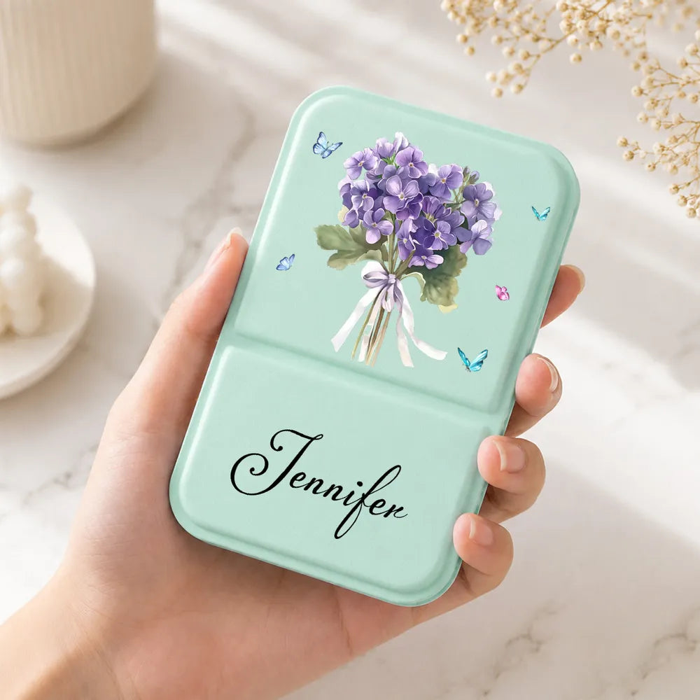 Personalized Birth Month Flower Leather Folding Makeup Mirror, Pastel Botanical Unique Gift for Her