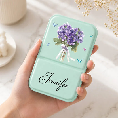 Personalized Birth Month Flower Leather Folding Makeup Mirror, Pastel Botanical Unique Gift for Her