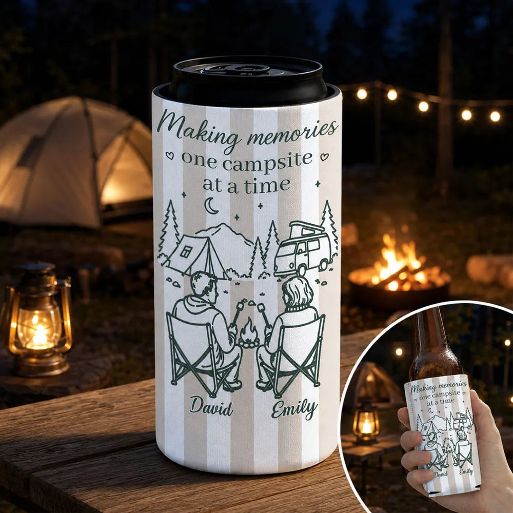 Neoprene Can Cooler, Custom Seated Campers by Campfire & Mountain Campsite, Unique Creative Gift for Couples