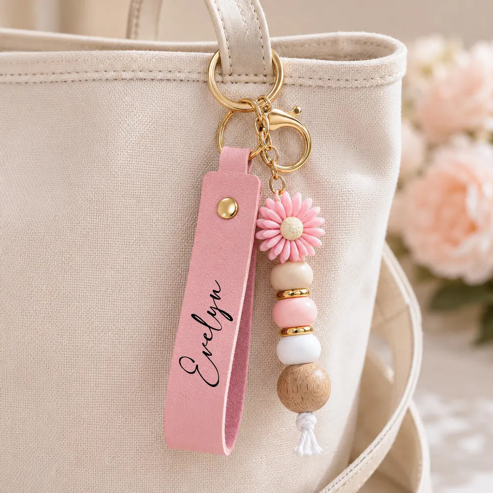 Personalized PU Leather Daisy Keychain, Pastel Beaded Style for Girls, Creative Gift for Friend