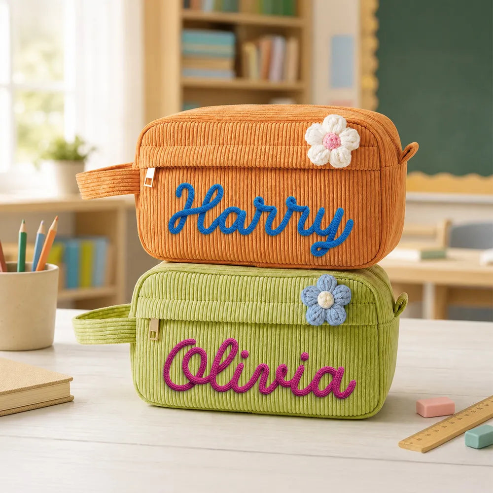 Crochet Corduroy Handbag with Colorful Lettering & Cute Icons, Personalized Gift for Kids & Friends